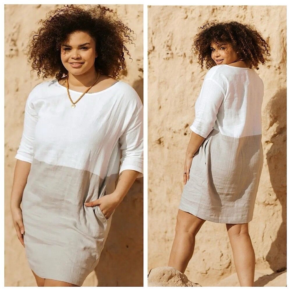 Vikolino Colorblock Midi Dress Sz S‎ European Washed Linen Oversized Lagenlook